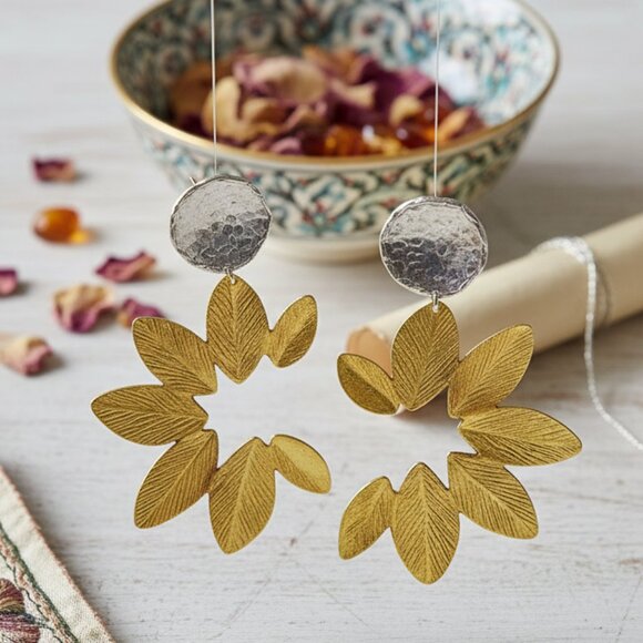 Turkish Stunning Handmade Artisan 18K Gold Plated Brass Fine Leaf Earrings - Picture 11 of 11